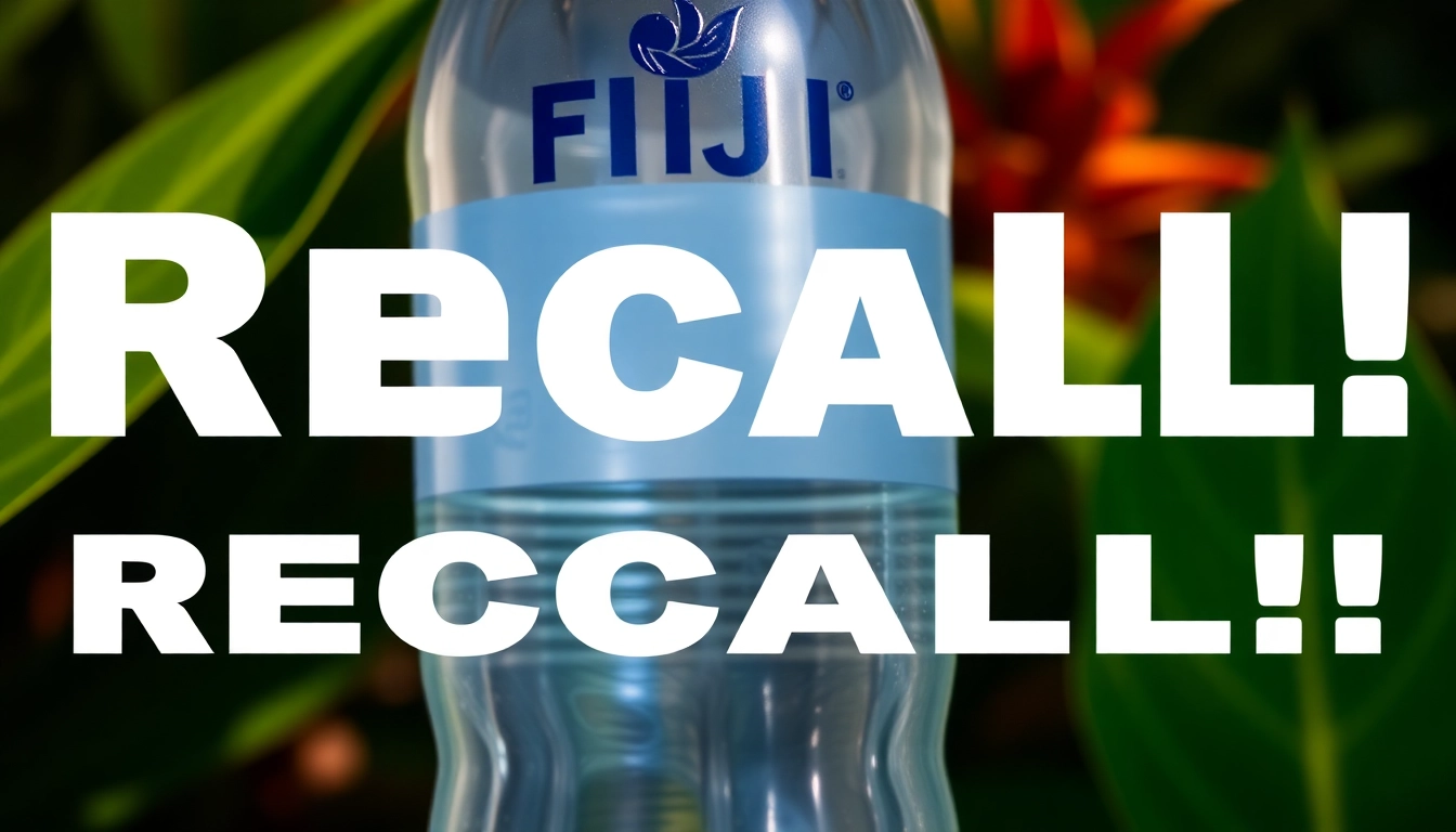 Alert about the fiji water recall 2024 on a bottle set against a tropical backdrop.