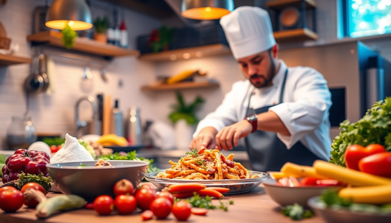 Chef in a vibrant kitchen creating a delightful dish on dishfacts.com with fresh ingredients.