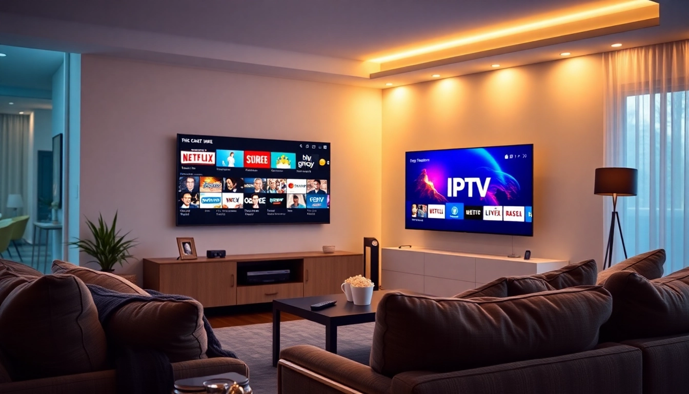 Watch IPTV channels effortlessly with this stylish setup featuring a modern living room designed for abonnement iptv enjoyment.