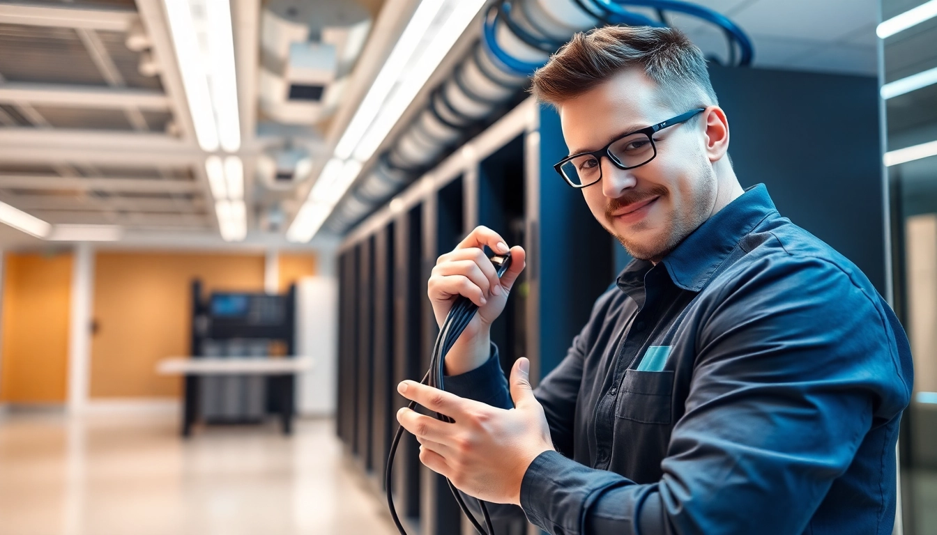 Professional data cable installation service in action featuring a technician working on network cabling setup.