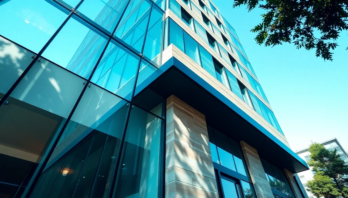 Cleaning and maintaining Business Facade Services on a modern office building highlighting pristine glass and stone.