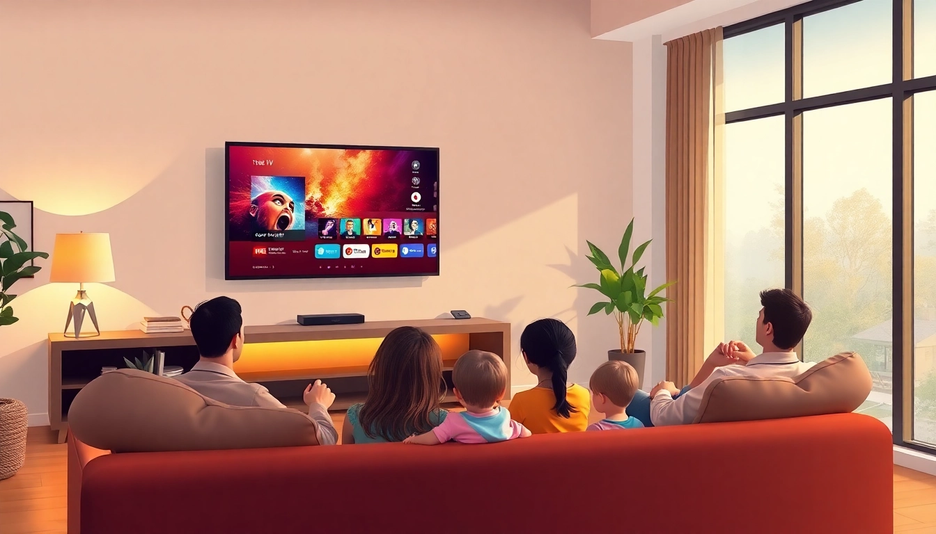 Experience a family enjoying a free iptv trial in a cozy living room with a large TV and vibrant streaming content.