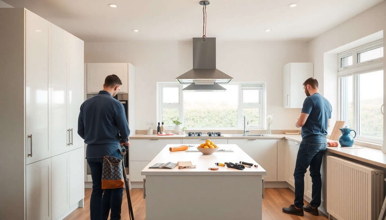 dyi kitchen fitters installing cabinets with precision in a modern, bright kitchen