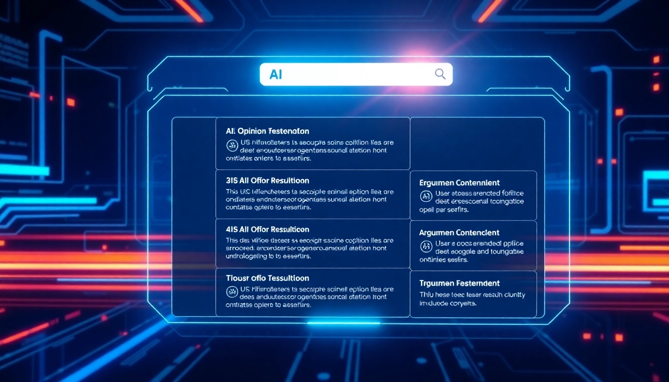 Showcase innovative AI Opinion search results on a sleek digital interface with vibrant colors and engaging layout.