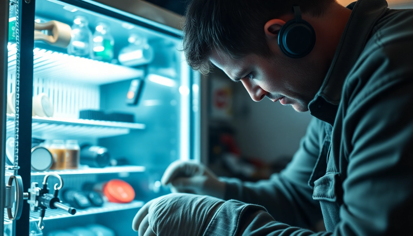 Technician performing soda cooler repair in a workshop, surrounded by tools and parts.