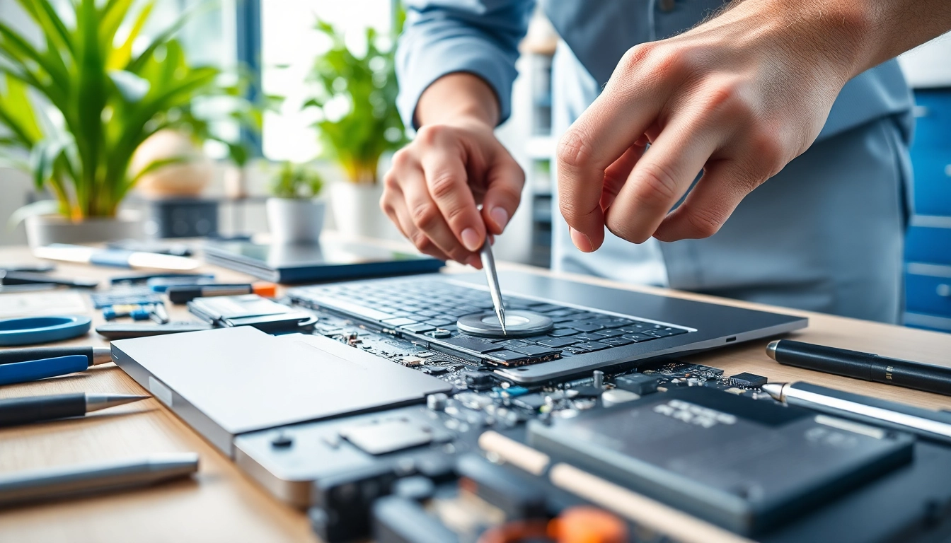 Servizio di riparazione computer settimo torinese con un tecnico al lavoro su un laptop.