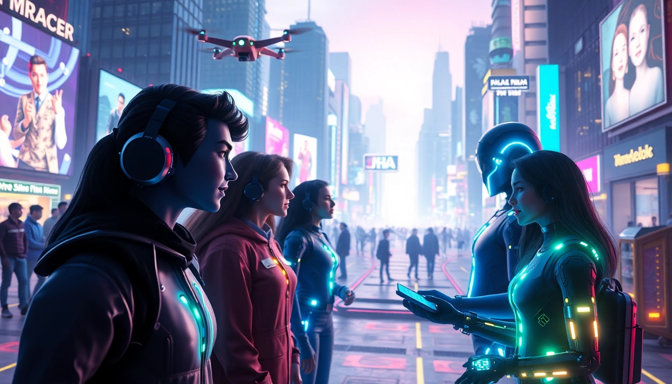 Engage with diverse characters using character ai chatbots in a vibrant digital cityscape.