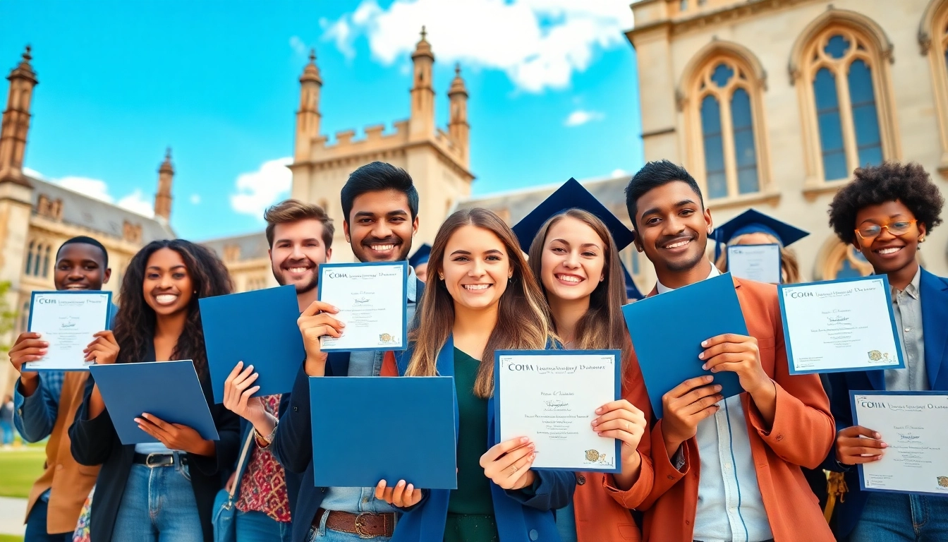 Graduate students celebrating with their original university degrees UK outdoors, showcasing joy and achievement.