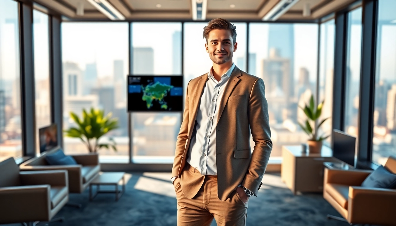 Empowered 'Based Chad on Farcaster' in a modern office, showcasing leadership and digital connectivity.