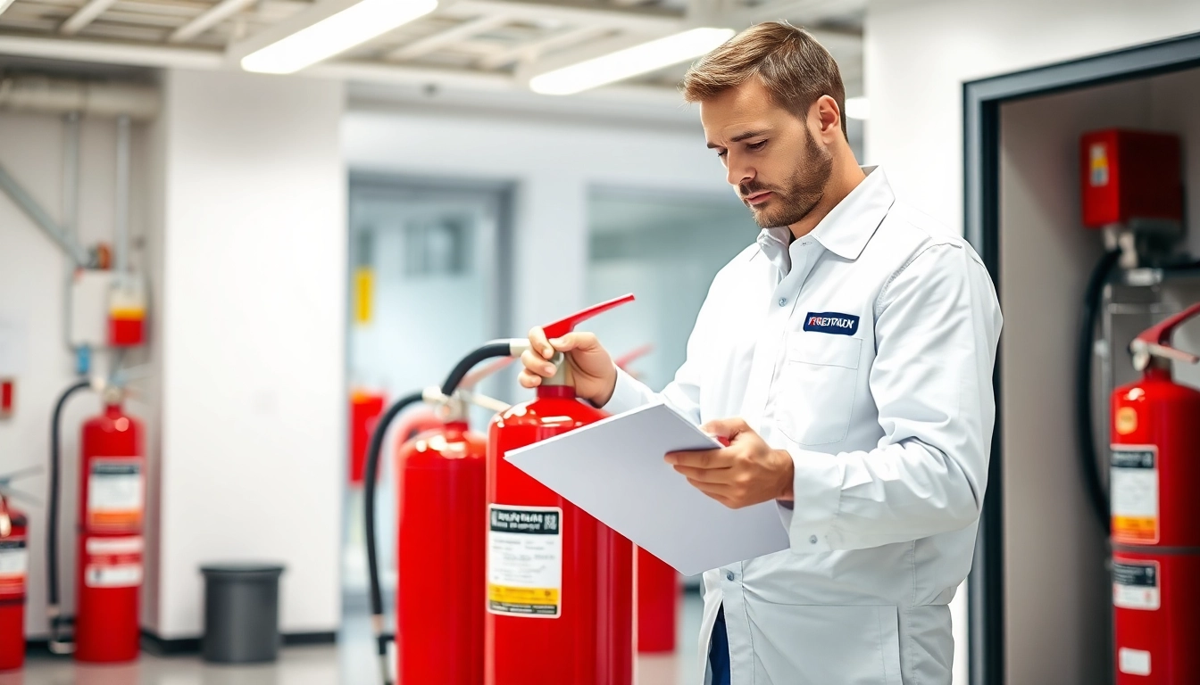 Expert technician conducting fire extinguisher servicing Lichfield in a modern office environment.