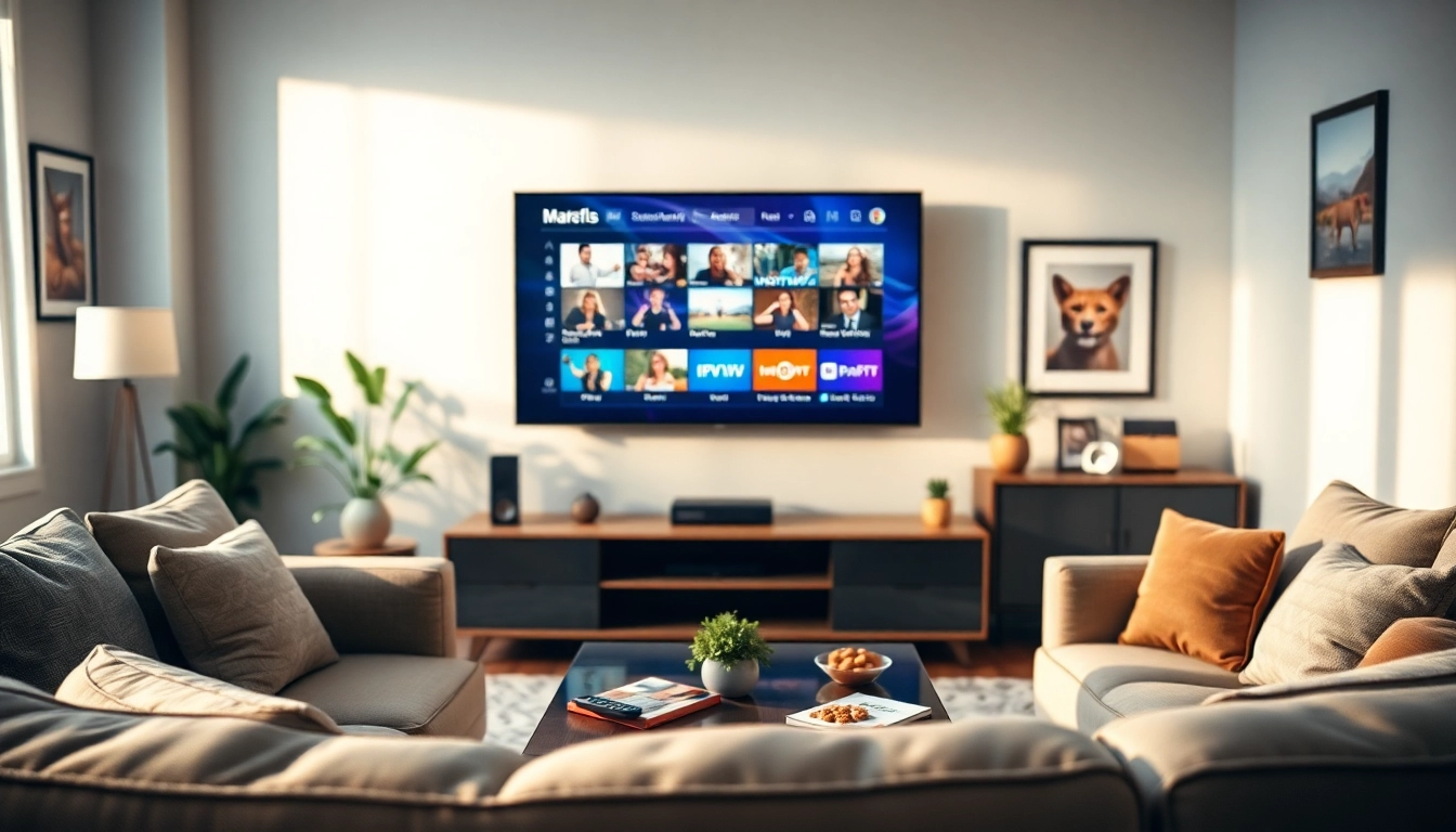 Experience IPTV Subscription USA with a modern living room setup featuring a vibrant smart TV.