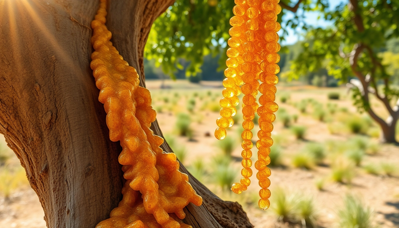 Myrrh resin glistening in natural light, showcasing its rich color and texture.