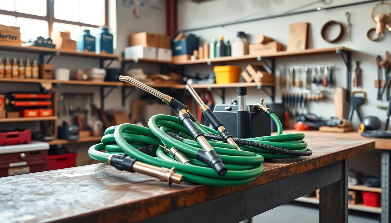 Explore the features of an oxy acetylene welding kit positioned on a workbench, showcasing tools and safety gear.