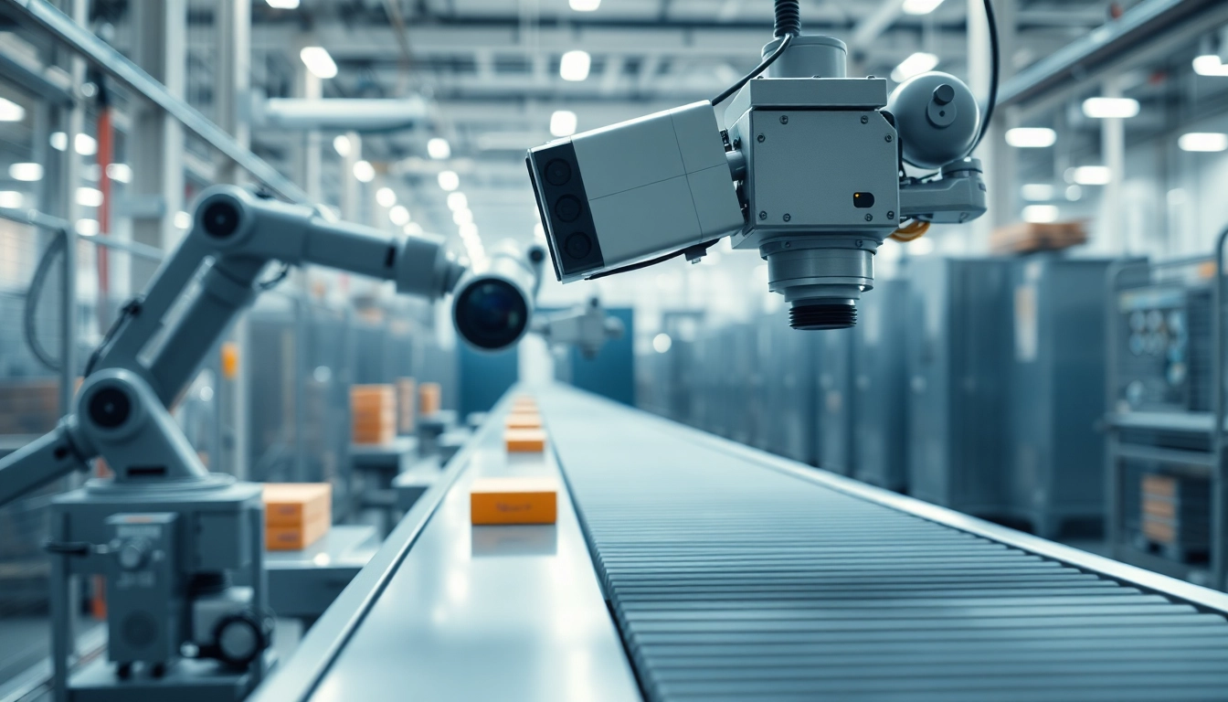 Machine vision technology in an industrial setting inspecting products on a conveyor belt.