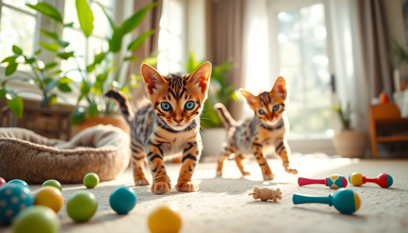 Bengal Breeders Orange County showcasing playful kittens in a sunlit living room.