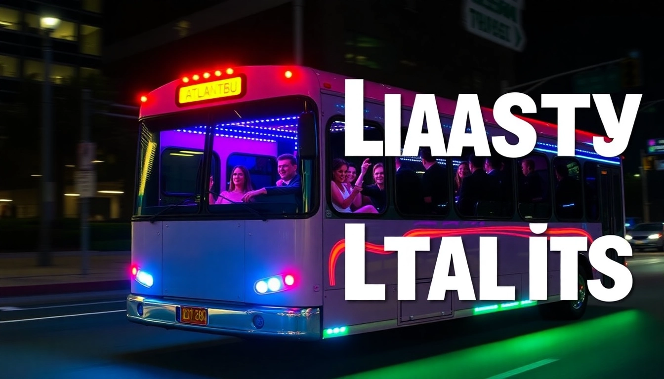Experience the excitement of an Atlanta party bus with lively lighting and joyful guests enjoying the ride.