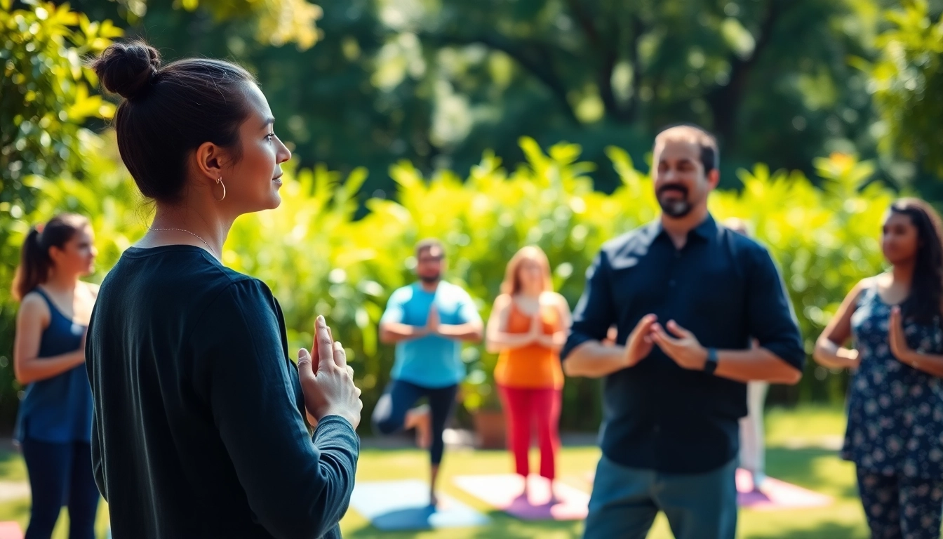 Practicing techniques for dealing with stress in a serene outdoor setting with a wellness coach.