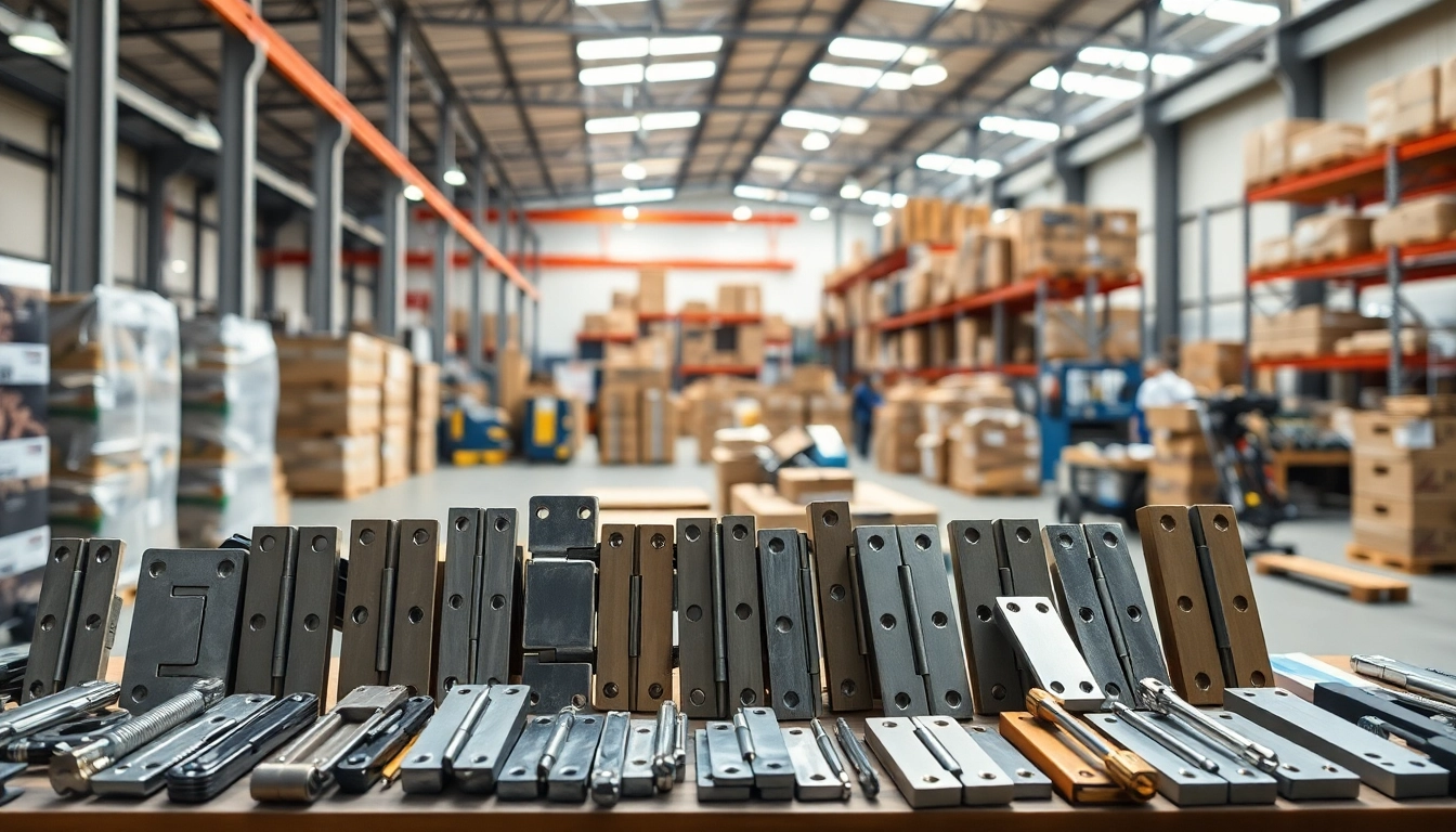 Showcase of various hinges from a leading hinge supplier in a bright, professional warehouse setting.