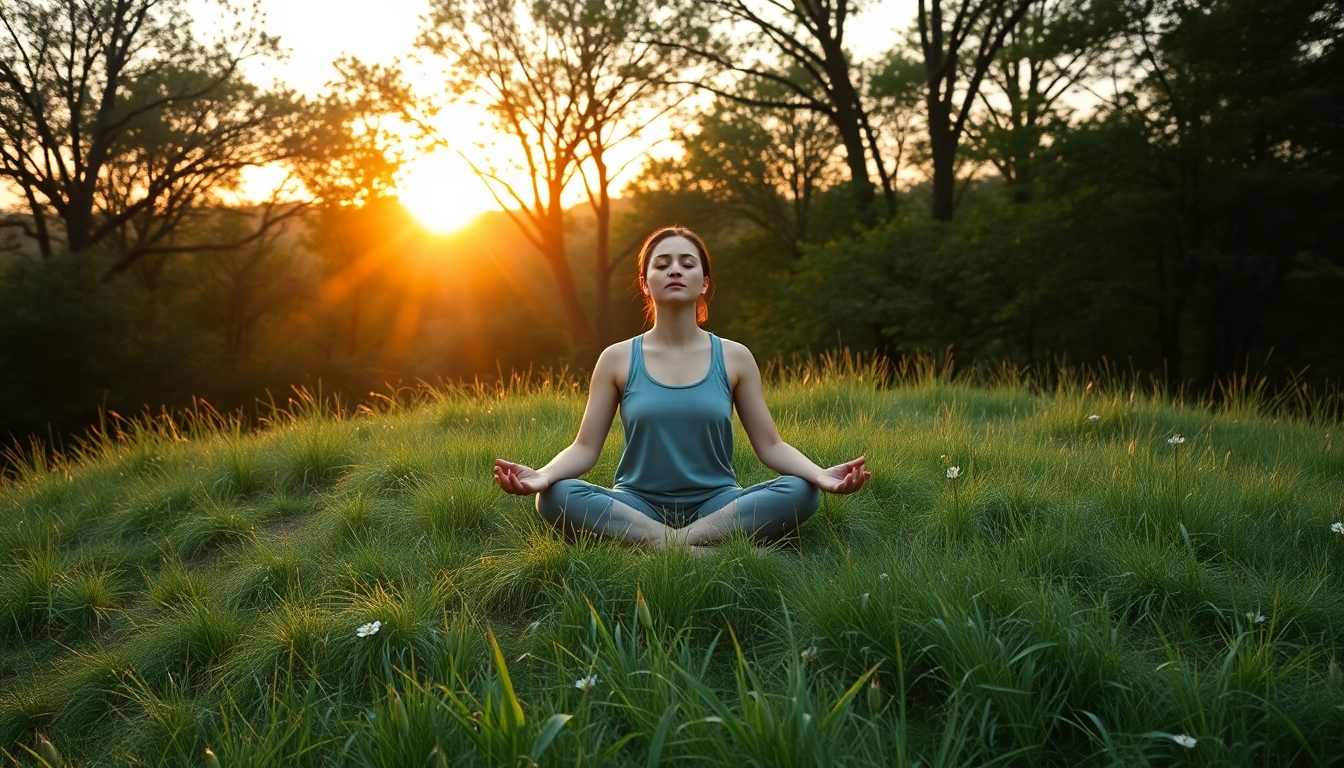 Engaging scene dealing with stress as a person meditates peacefully in nature.