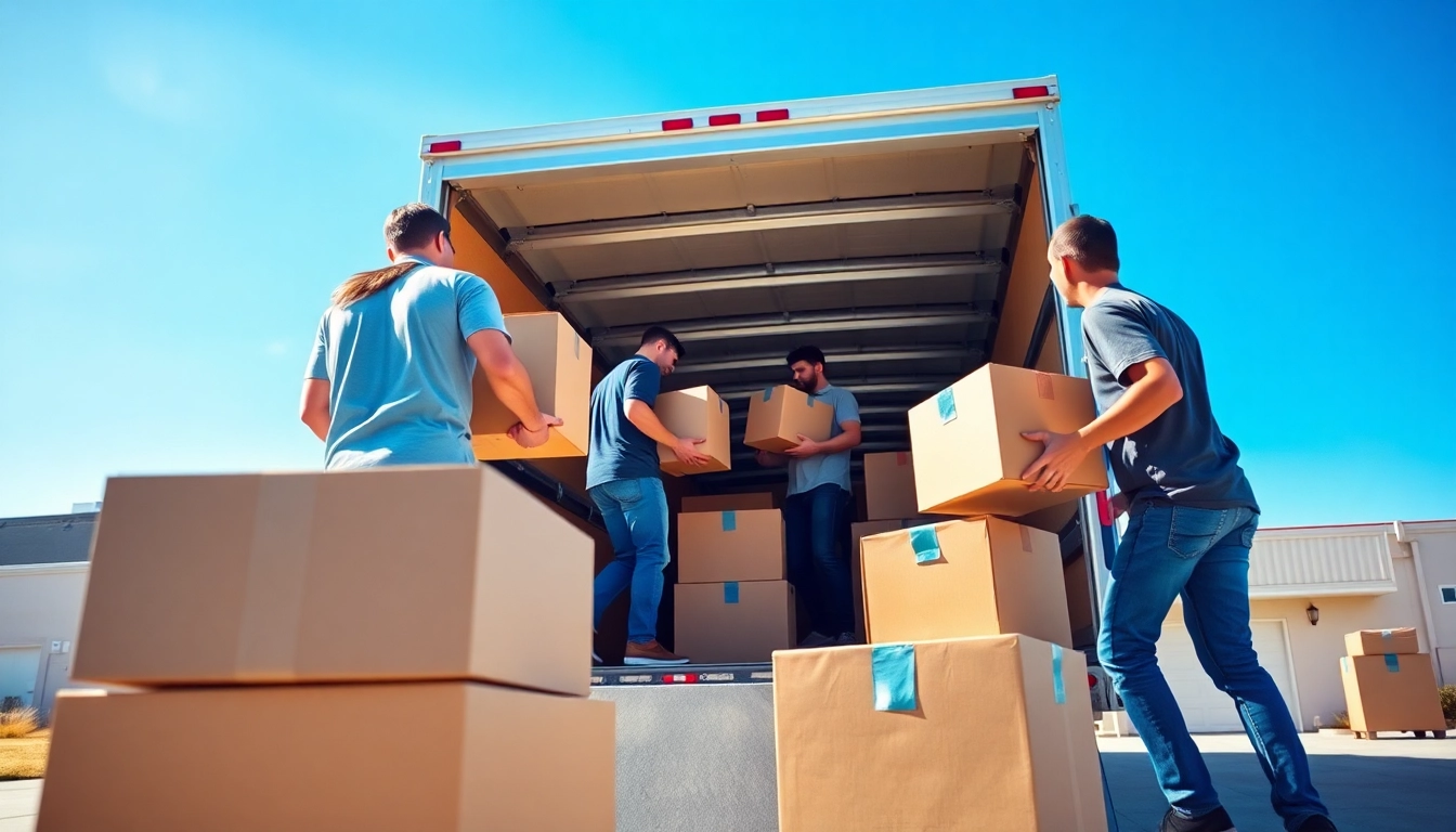 Cheap movers efficiently loading boxes into a moving truck during a sunny day.