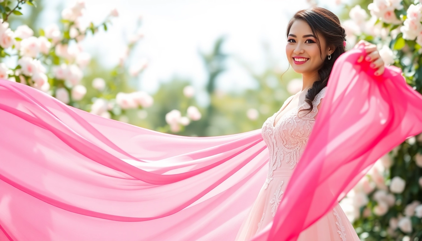 Bridal photo featuring a beautiful bride in coloured wedding dresses in a lush garden.