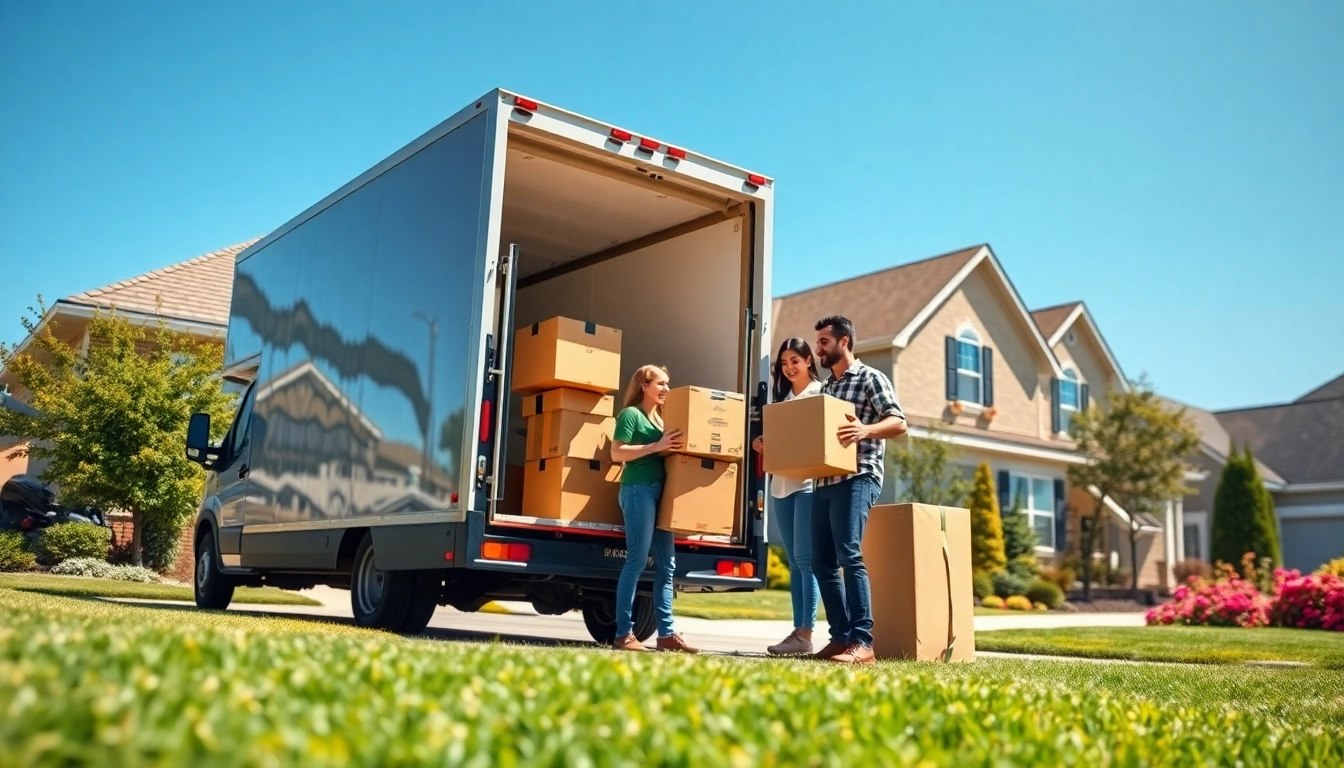 Cheap movers team organizing boxes outside a suburban home on a sunny day.