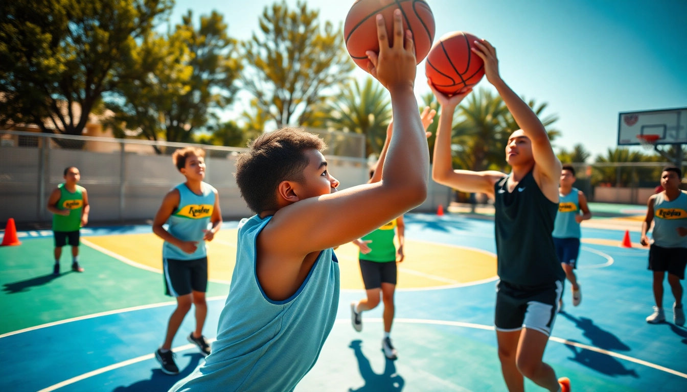 Youth athletes training passionately at Takeover Basketball Academy on a sunny outdoor court.
