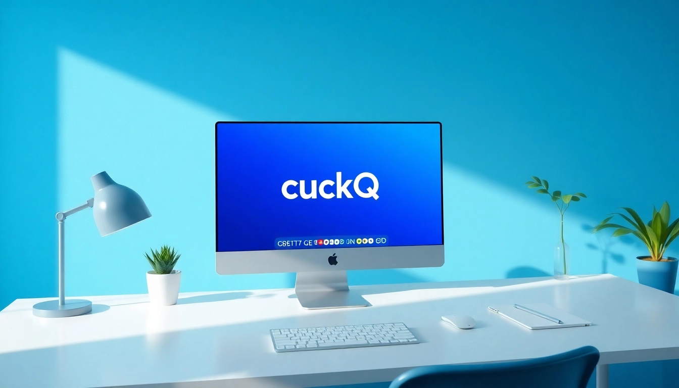 Showcase quickq官网 on a sleek computer screen in a vibrant modern workspace.