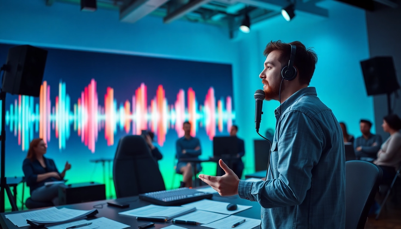 Musician engaging in music pitching at a vibrant studio, showcasing creativity and energy.