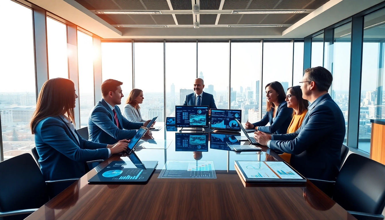 Integrate AI for competitive intelligence in business analysis with diverse teams in a modern office.
