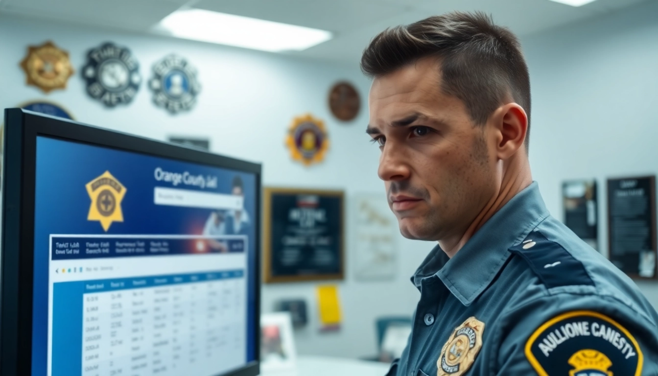 Performing an orange county jail inmate search with a focus on a law enforcement officer at a computer.