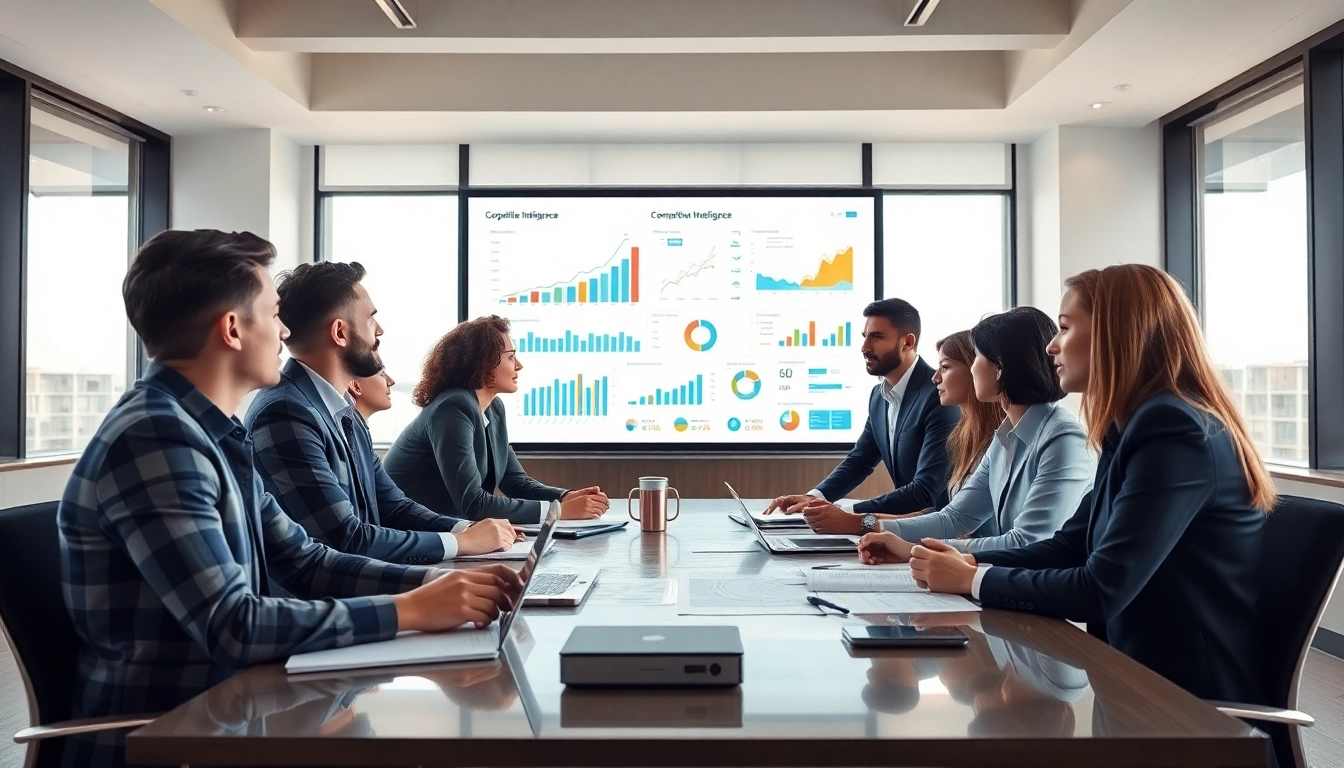 Analyze competitive intelligence data in a professional business meeting, showcasing teamwork.