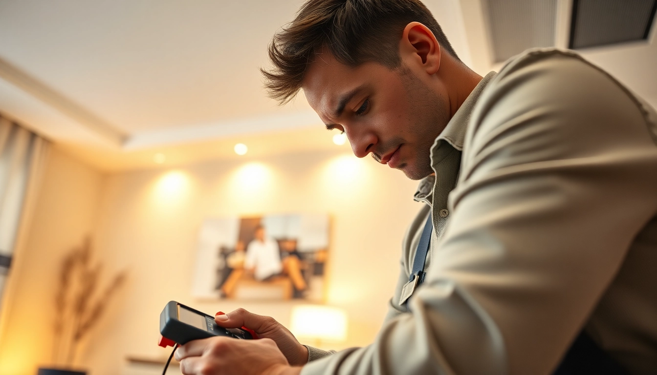Electrician providing expert electrical service in a modern home, showcasing precision and professionalism.