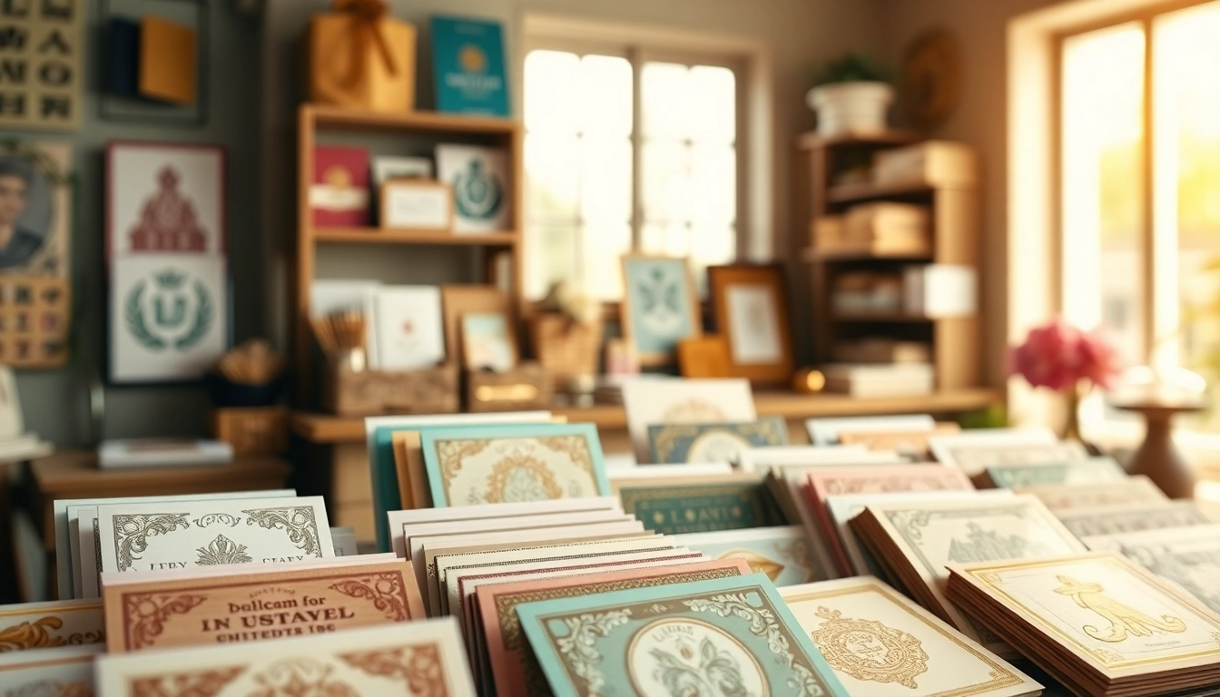 Showcase premium greeting cards London displayed elegantly in a creative setting with rich textures.
