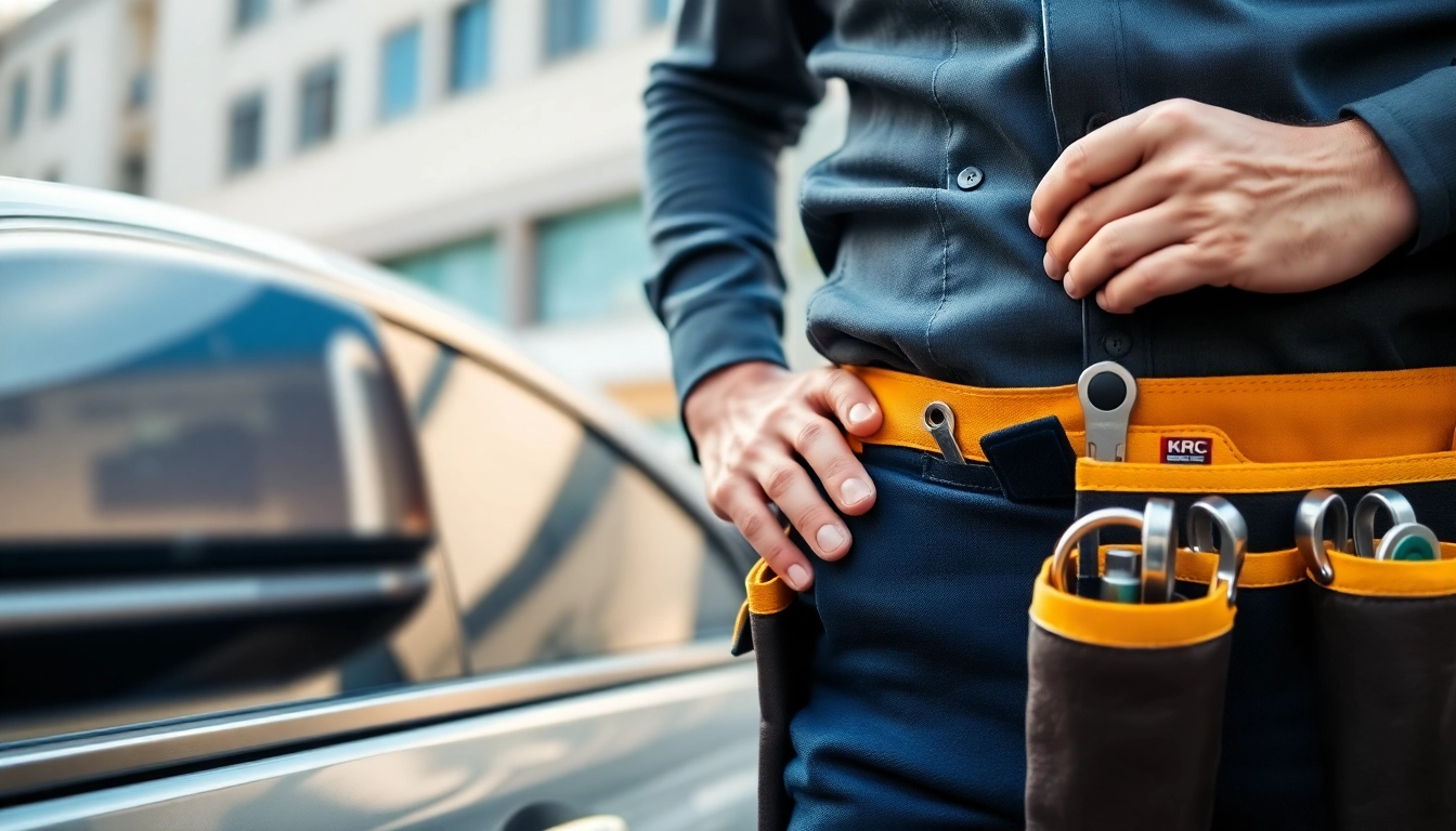 Auto locksmith demonstrating how to unlock a vehicle with keys locked in car, showcasing tools and techniques.