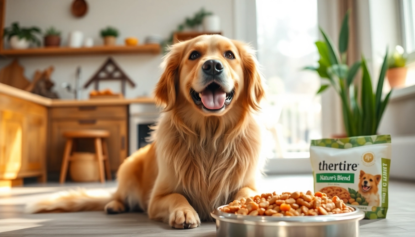 Dog relishing nature's blend dog food Canada in a bright kitchen, showcasing health and happiness.