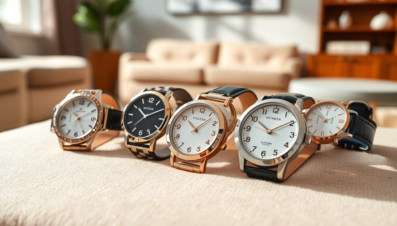 Damen Armbanduhren in verschiedenen Designs auf einem eleganten Samtuntergrund.