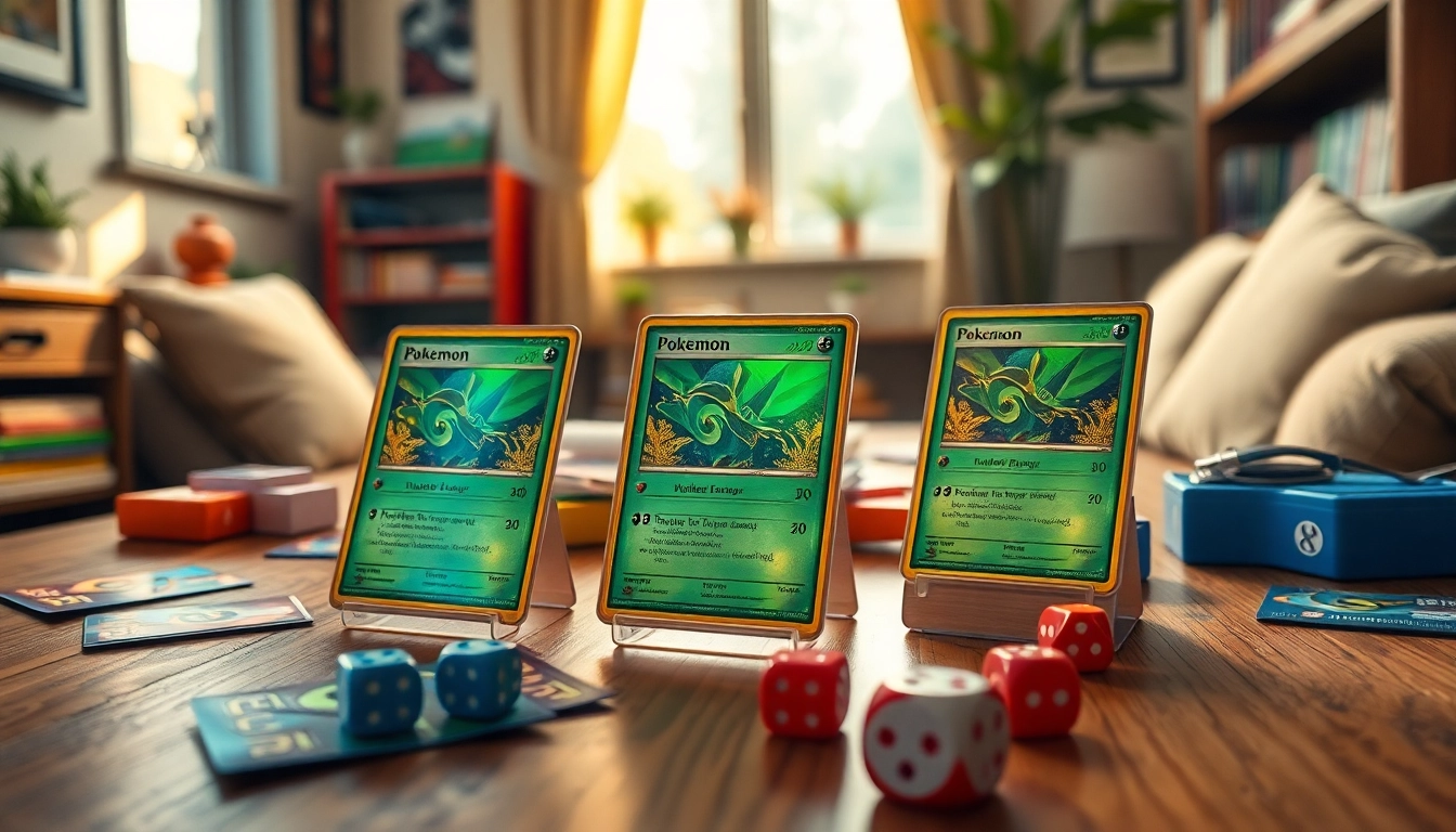 Showcase of real pokemon cards India with collectible accessories on a wooden table.