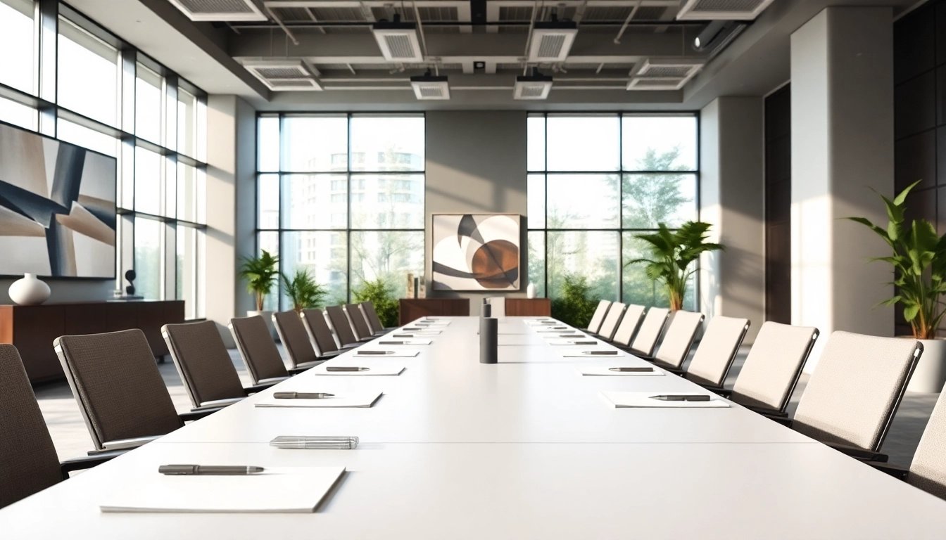 Event space arranged for a corporate meeting with modern decor and natural lighting.