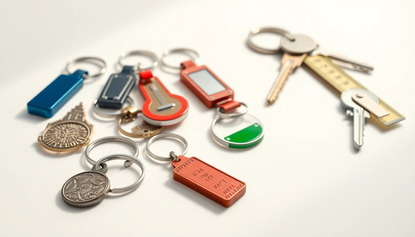 Showcase unique customized key chains with various designs and vibrant colors on a clean background.