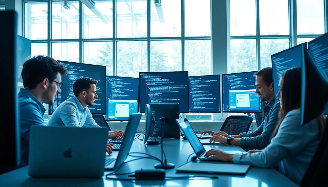 Web development team coding collaboratively in a modern office environment.