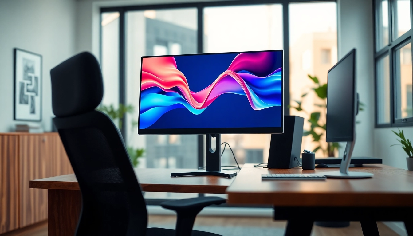 Monitor setup in a bright office environment showcasing sleek design and vibrant display.