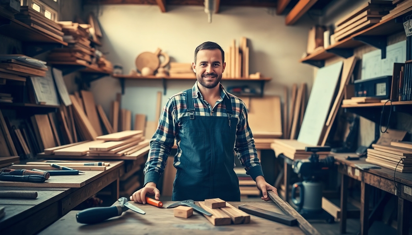 Explore carpentry apprenticeship near me with a detailed workshop scene showcasing a carpenter at work.