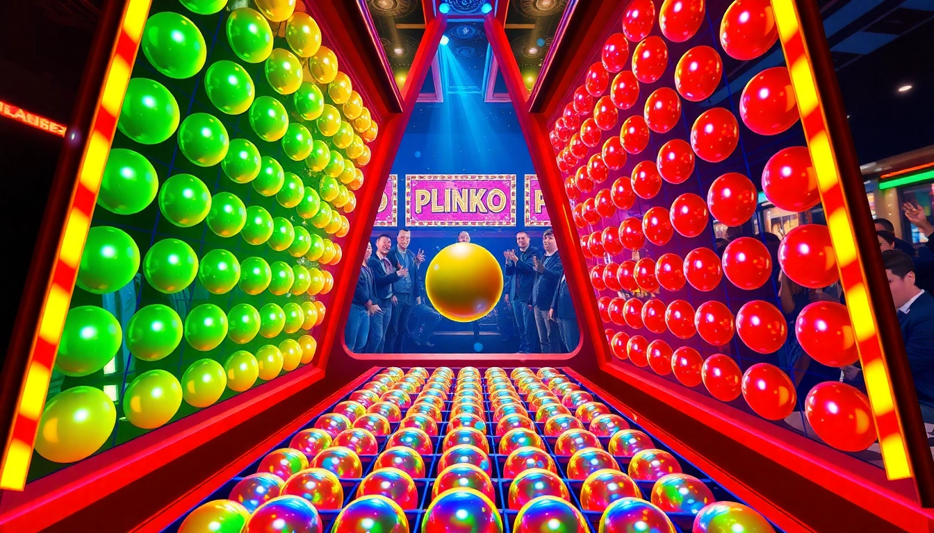 Permainan plinko slot yang mengasyikkan dengan bola jatuh dari atas ke grid berwarna-warni.