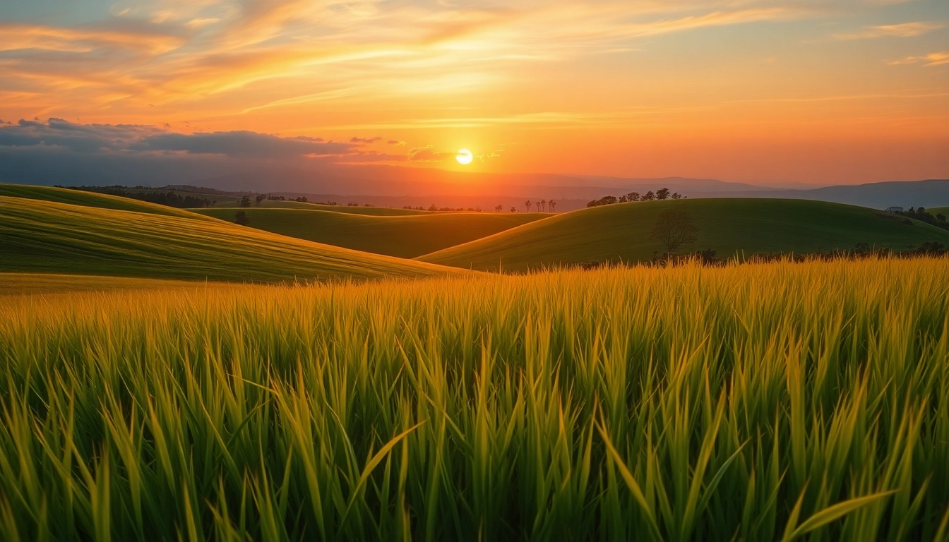 Beautiful landscape paintings showcasing a serene sunset over rolling hills with lush foreground.