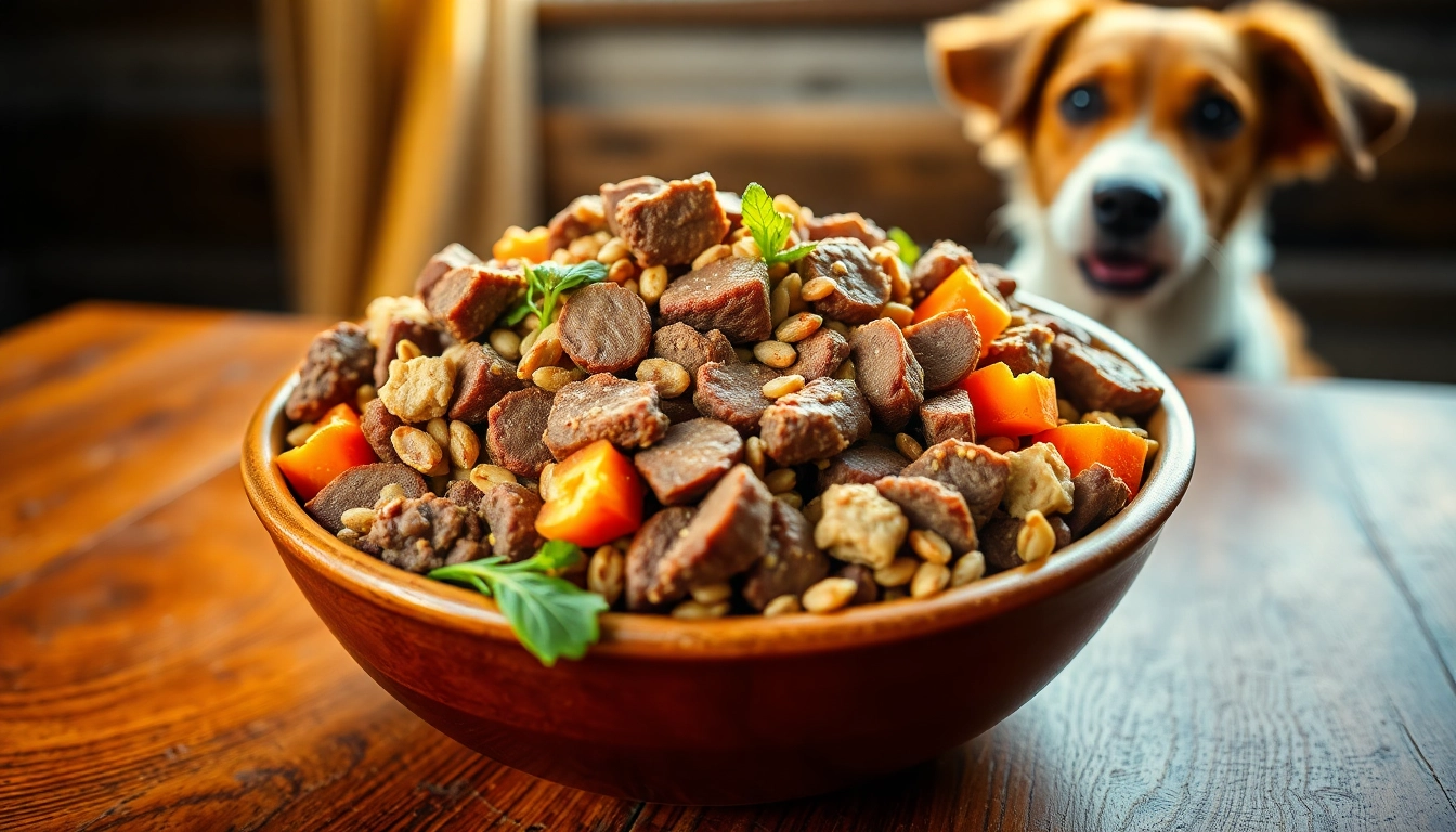 Dog eagerly awaits badlands ranch dog food in a colorful bowl filled with fresh ingredients.