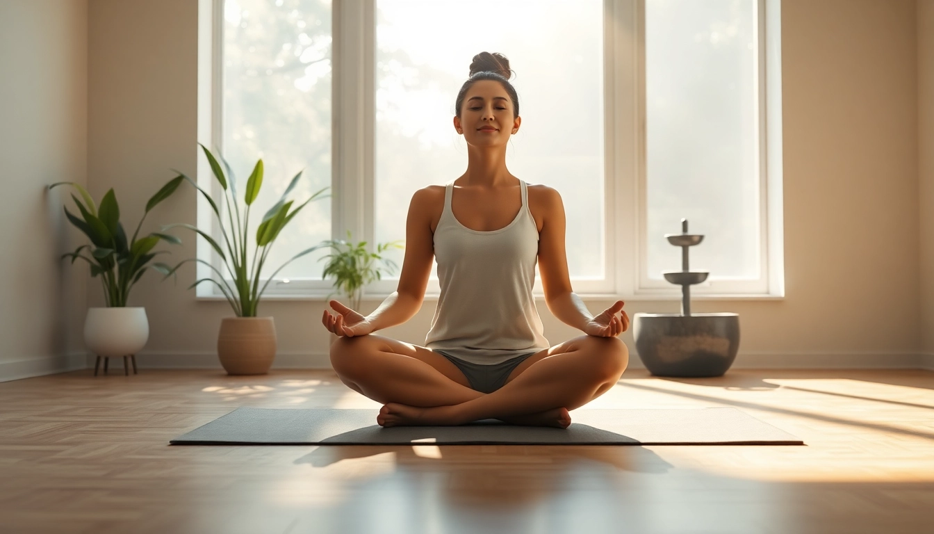 Person dealing with anxiety meditating in a peaceful, sunlit room with plants.