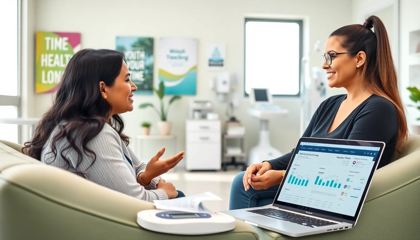 Guiding a client at a medical center weight loss center in a supportive consultation environment.