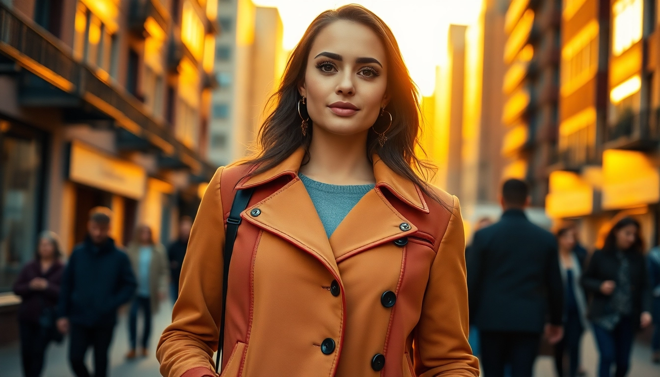 Woman modeling a stylish jacket womens in an urban setting, showcasing elegance and warmth.