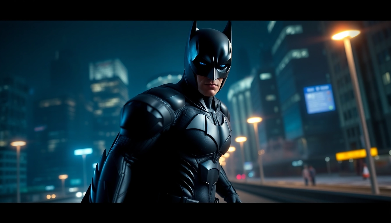 Menggambarkan aksi dari game batman138 dengan karakter pahlawan dalam kostum ikonik di kota malam.